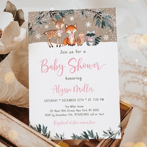 Invitation de douche de bébé des bois rose modifiable, animaux de la forêt enneigés, verdure d'hiver animaux de la forêt bébé fille imprimable numérique A578