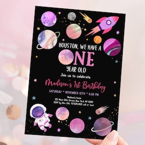 Editable Space First Birthday Invitation Houston We Have A One Year Old Pink Girl Astronaut Galaxy Planets Outer Space Party Digital A654