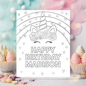 Unicorn Birthday Coloring Page, Birthday Activity, Kids Coloring page, Unicorn Rainbow Party Printable Editable Digital Download A582