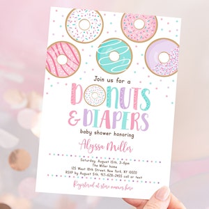 Editable Donut Baby Shower Invitation, Donuts & Diapers, Pink Donut, Baby Girl Shower, Doughnut, Printable, Digital, Instant Download A500 image 1