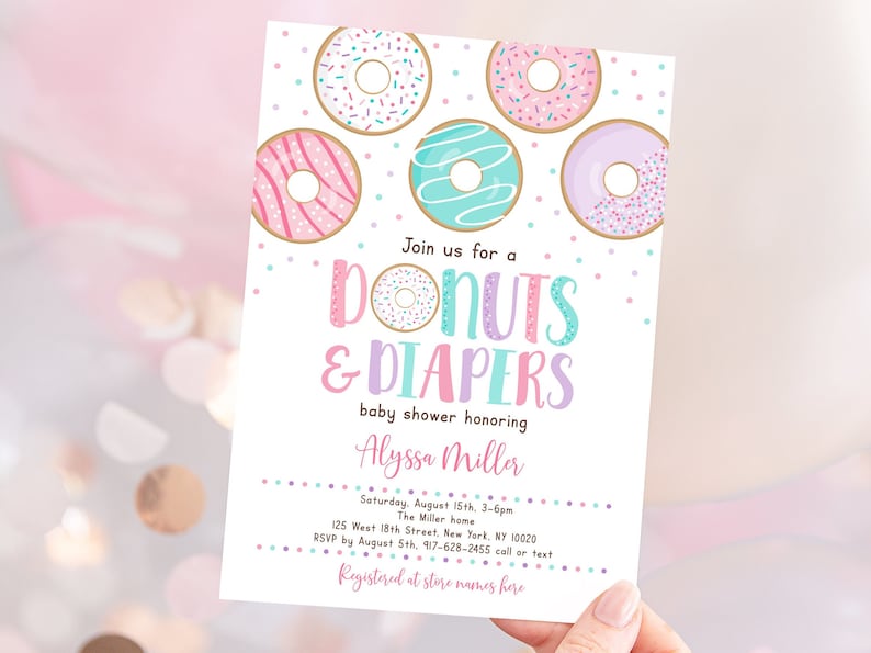 Editable Donut Baby Shower Invitation, Donuts & Diapers, Pink Donut, Baby Girl Shower, Doughnut, Printable, Digital, Instant Download A500 image 1