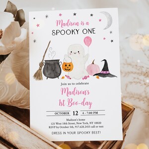 Editable Spooky One Ghost Birthday Invitation Ghost First Birthday Invite Pink Girl Pumpkin Halloween Party Digital Download A702