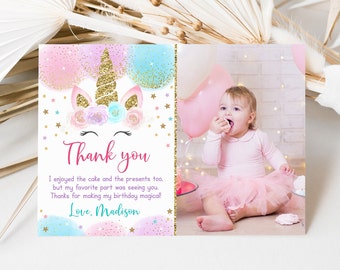 Editable Unicorn Birthday Thank You Card Unicorn Birthday Party Pink & Gold Unicorn Floral Unicorn Printable Digital Instant Download A451