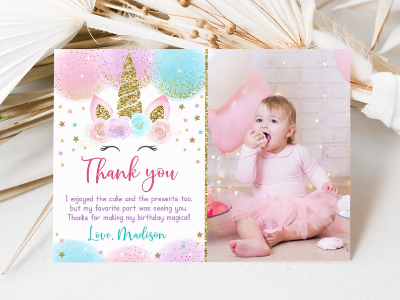 Editable Unicorn Birthday Thank You Card Unicorn Birthday Party Pink ...