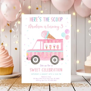 Editable Here&#39;s The Scoop Ice Cream Birthday Invitation Ice Cream Truck Birthday Invite Pink Girl Ice Cream Party Digital Download A673