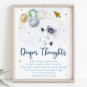 Astronaut Diaper Thoughts Sign Outer Space Baby Shower Blue Gold Galaxy Planets Rocket Ship Boy Baby Shower Digital Download A606