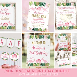 Editable Pink Dinosaur Birthday Invitation Bundle, Pink & Gold Three Rex Dinosaur Birthday, Girl Dinosaur Party, Digital Download A507