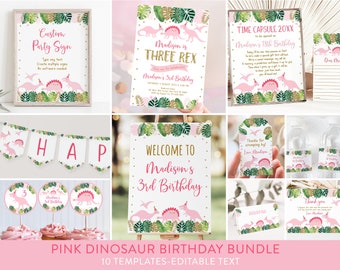 Puede incluir: Paquete de imprimibles para fiesta de cumpleaños de dinosaurio rosa con 10 plantillas editables. El paquete incluye un cartel de bienvenida, un cartel de fiesta, una pancarta, adornos para cupcakes, una cápsula del tiempo, una etiqueta de favor y etiquetas para botellas de agua. Los diseños presentan dinosaurios rosas, hojas verdes y purpurina dorada.