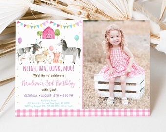 Editable Pink Farm Birthday Invitation Farm Animals Barnyard Girl Farm Party Farm Animals with Balloons Pink Gold Digital Download A629