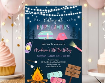 Editable Girl Camping Invitation Camping Sleepover Party Invite Glamping Happy Campers Pink Camper Digital Download A630