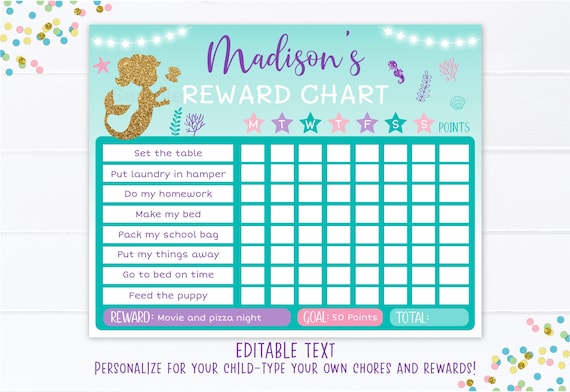 EDITABLE Mermaid Reward Chart, Mermaid Behavior Chart, Girls Reward Chart, Mermaid Chore Chart, Printable, Digital Template A461 Il_570xn