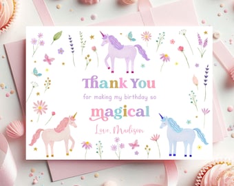 Editable Unicorn Meadow Birthday Thank You Card Pink Gold Pastel Floral Unicorn Party Unicorn Thank You Printable Digital Download A780