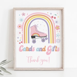 Enseigne pour cartes d'anniversaire et cadeaux Groovy, Roller Disco, fête de patins à roulettes rétro arc-en-ciel, fleur, marguerite, rose violet numérique A757