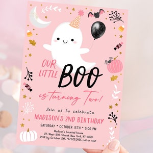 May include: Pink and white Halloween birthday invitation with a cute ghost illustration. The text reads "Our Little Boo is turning Two!" and includes details for Madison's 2nd birthday party.
