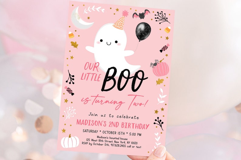 Editable Little Boo Birthday Invitation BOO turning Two Birthday Invite Pink Ghost Girl Halloween Party Second Birthday Digital A636 image 1