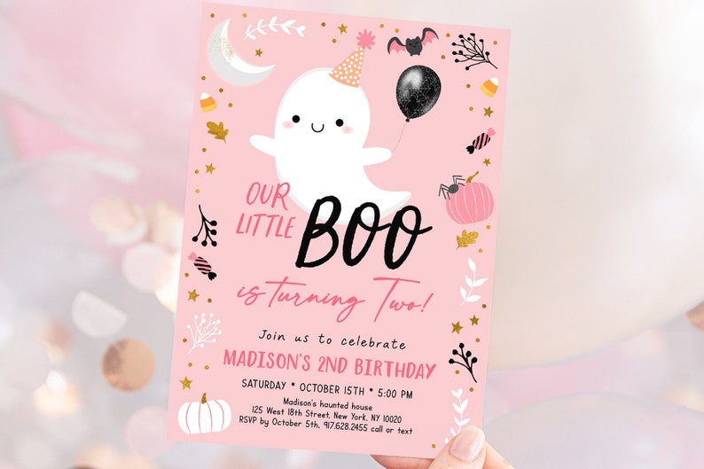 May include: Pink and white Halloween birthday invitation with a cute ghost illustration. The text reads "Our Little Boo is turning Two!" and includes details for Madison's 2nd birthday party.