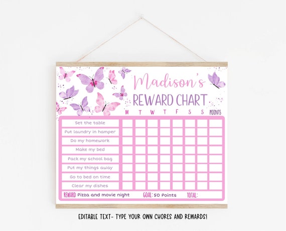 Editable Butterfly Reward Chart, Butterfly Behavior Chart, Pink Purple Butterflies, Daily Chore Chart, Kids Routine Printable, Digital A692 Il_570xn