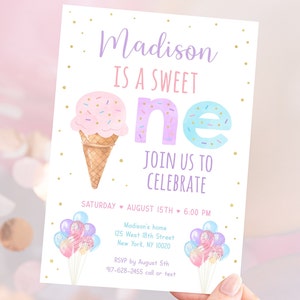 Editable Ice Cream Birthday Invitation Sweet One Ice Cream First Birthday Girl Ice Cream Party Pink Gold Sprinkles Balloons Digital A611