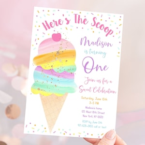 Editable Ice Cream Birthday Invitation, Ice Cream Birthday Party, Here&#39;s The Scoop, Rainbow Ice Cream, Printable, Instant Download A499