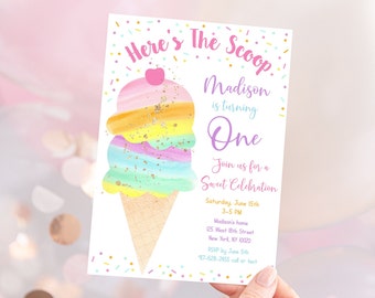 Editable Ice Cream Birthday Invitation, Ice Cream Birthday Party, Here's The Scoop, Rainbow Ice Cream, Printable, Instant Download A499