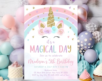 Editable Unicorn Magical Day Birthday Invitation Rainbow Unicorn Birthday Invite Pink Gold Pastel Floral Unicorn Party Digital Download A582