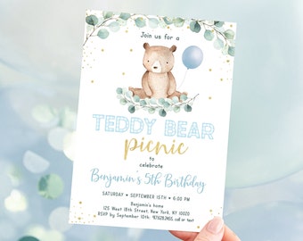 Editable Teddy Bear Picnic Birthday Invitation Blue Gold Boy Teddy Bear Party Outdoor Birthday Teddy Bear Balloons Digital Download A603