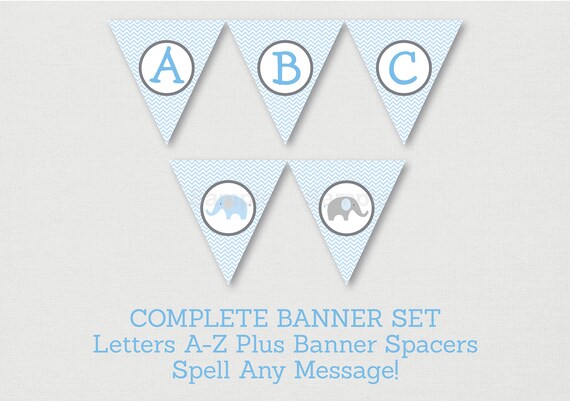 Elephant Baby Shower Banner / Elephant Baby Shower / Blue & Grey / Chevron Pattern / Letters A-Z / DIY Pennant Banner INSTANT DOWNLOAD A228 Il_570xn