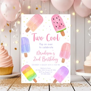 Editable Two Cool Popsicle Birthday Invitation Popsicle 2nd Birthday Invite Pop On Over Girl Popsicle Party Ice Cream Digital A674