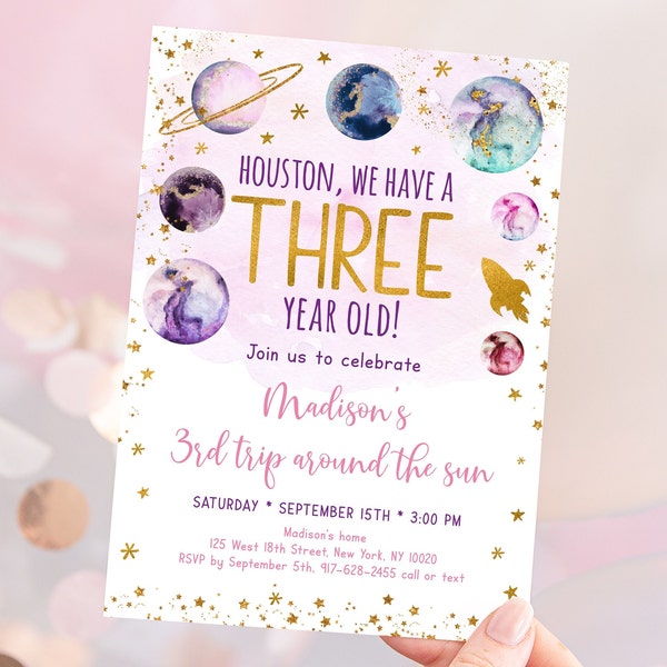 Editable Space Birthday Invitation Third Trip Around The Sun Pink Gold Girl Galaxy Planets Outer Space Party Rocket Ship Printable A586