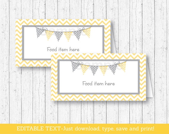 Chevron Tent Cards / Food Labels / Place Cards / Chevron Baby Shower / Chevron Pattern / Yellow & Grey / INSTANT DOWNLOAD Editable PDF A208 Il_570xn