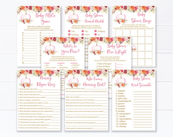 Fall Pumpkin Baby Shower Games Package Pink & Gold Floral Pumpkin Girl Baby Shower Set of 8 Printable Games Digital Instant Download A466 Il_570xn