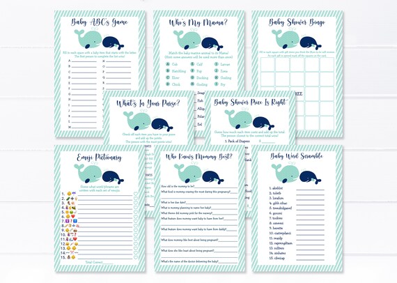 Cute Whale Baby Shower Games Package Nautical Baby Shower Boy Baby Shower 8  Printable Games Printable Instant Download A236