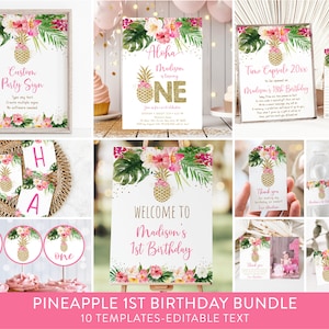 Editable Pineapple 1st Birthday Invitation Bundle Sweet As A Pineapple Birthday Pink Gold Tropical Floral Pineapple Party Download A494