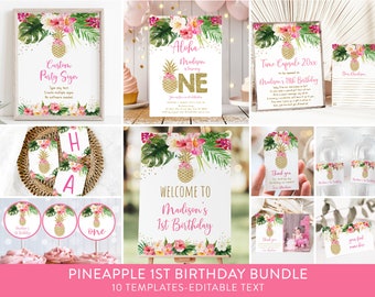 May include: A printable set of 10 editable templates for a pineapple-themed first birthday party. The set includes a welcome sign, a custom party sign, a time capsule, a thank you tag, a photo card, and cupcake toppers. The design features a pineapple with pink flowers and green leaves.