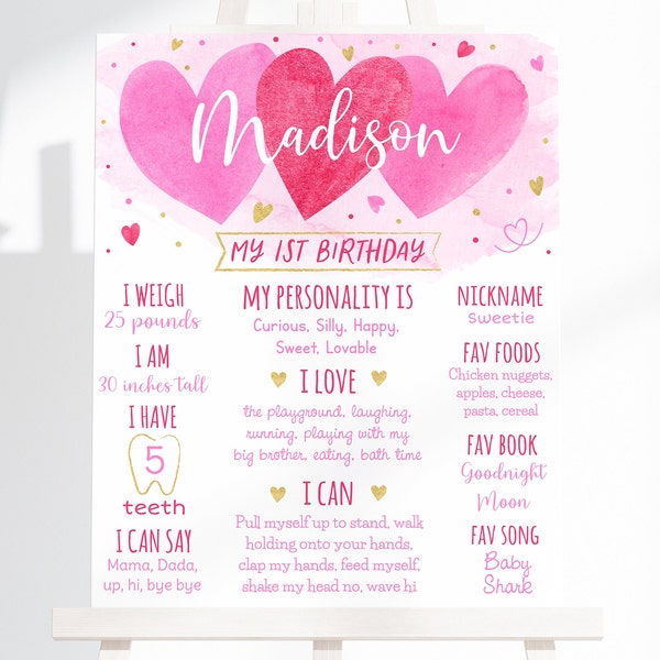 Editable Sweetheart Birthday Milestone Sign Pink Gold Hearts Valentine's Birthday First Birthday Hearts Birthday Digital Download A657