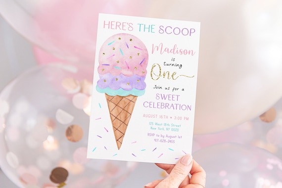 Editable Ice Cream Birthday Invitation Here's The Scoop Pink Gold Ice Cream Birthday Girl Ice Cream Party Watercolor Digital Download A673 Il_570xn