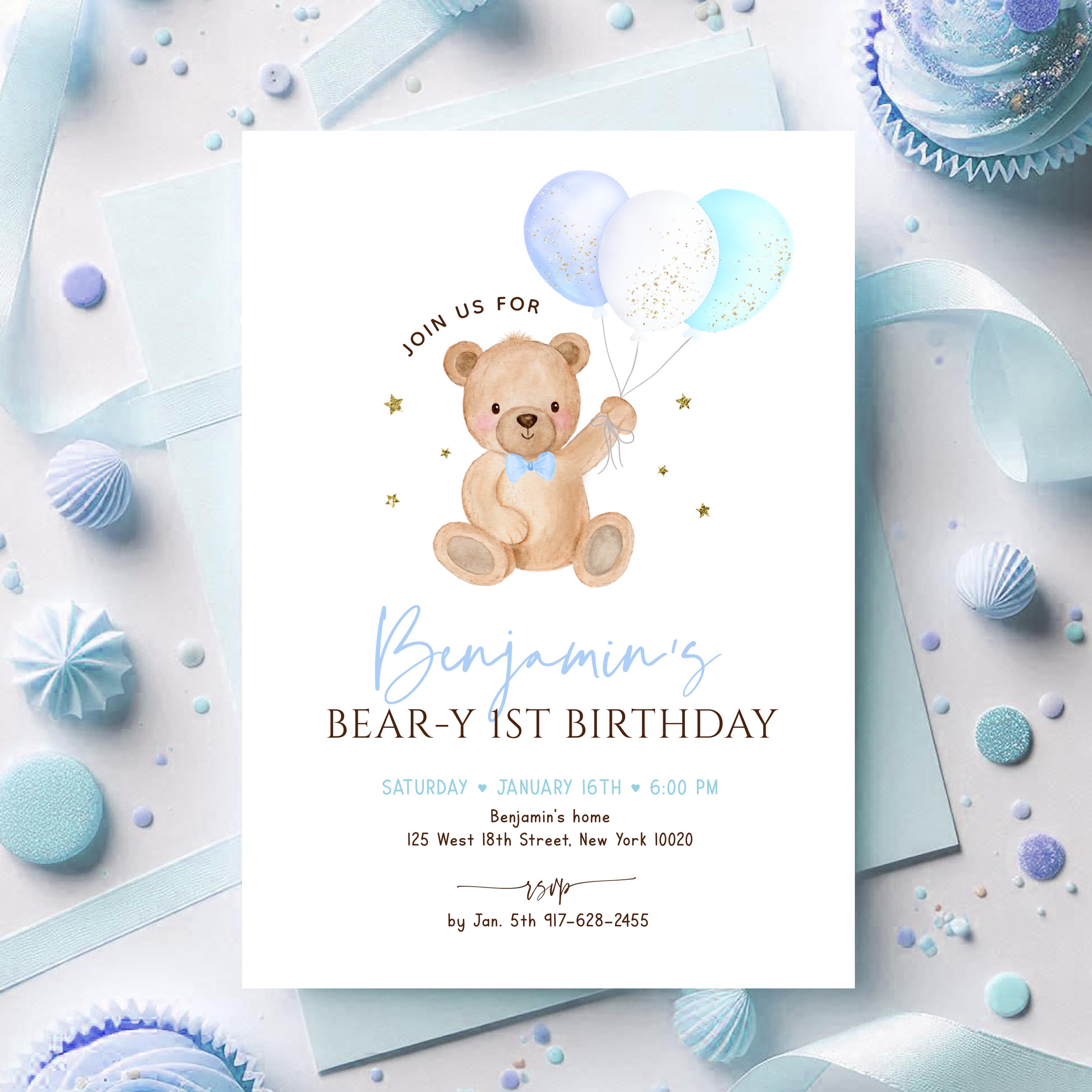 Editable Teddy Bear First Birthday Invitation, Blue Boy Bear With ...