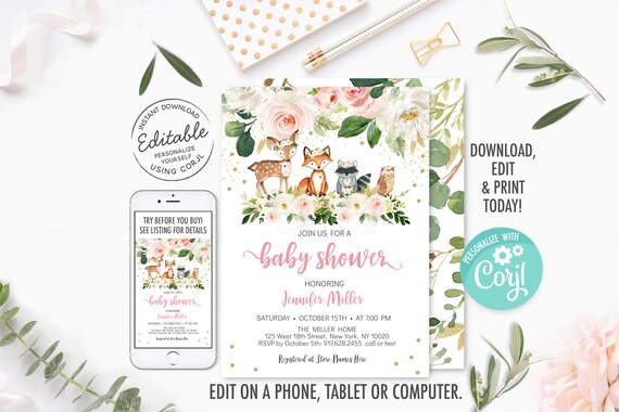 EDITABLE Girl Woodland Baby Shower Invitation, Woodland Animals Invite, Pink Woodland Forest, Digital, Printable, Instant Download A516 Il_570xn