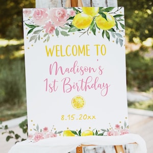 Editable Lemonade Birthday Welcome Sign Sunshine Lemonade and Fun Pink Lemonade Pink Gold Floral Girl Lemonade Party Digital Download A613