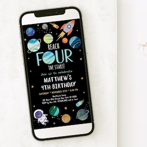 Editable Space Fourth Birthday E-Invitation Reach FOUR The Stars Invite Astronaut Galaxy Planets Outer Space Party Rocket Ship Digital A654