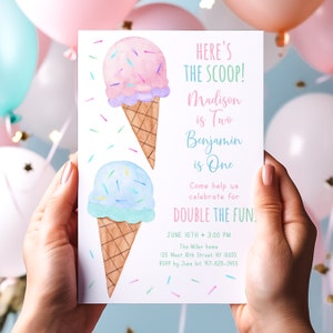 Editable Ice Cream Birthday Invitation, Here's The Scoop, Joint Birthday Invite, Boy Girl Ice Cream, Party Pink Blue Sprinkles Digital A673