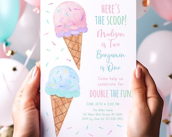 Editable Ice Cream Birthday Invitation, Here's The Scoop, Joint Birthday Invite, Boy Girl Ice Cream, Party Pink Blue Sprinkles Digital A673