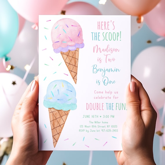 Editable Ice Cream Birthday Invitation, Here's The Scoop, Joint Birthday Invite, Boy Girl Ice Cream, Party Pink Blue Sprinkles Digital A673
