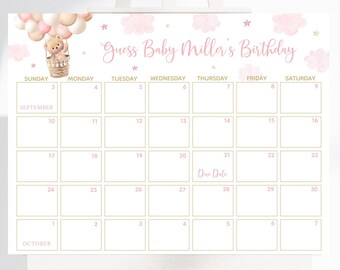 Op de afbeelding: Een witte kalender met roze accenten en de tekst "Guess Baby Miller's Birthday". Het heeft een teddybeer in een luchtballon illustratie. De kalendergrid bevat data voor september en oktober.