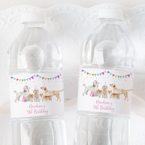 Bearbeitbares Welpen-Geburtstags-Wasser-Flaschen-Etikett Let's Paw-ty Mädchen-Welpen-Geburtstags-Welpen-Party Welpe Hund Geburtstags-Rosa-Gold-Ballons Download A621