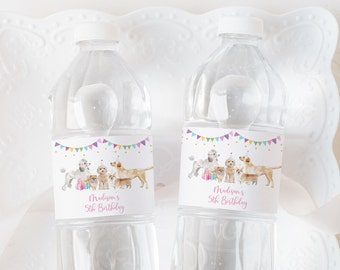 Etiqueta editable para botella de agua de cumpleaños de cachorros ¡Vamos a celebrar! Cumpleaños de cachorrita, fiesta de cachorros, cumpleaños de perrito, globos rosas y dorados. Descargar A621