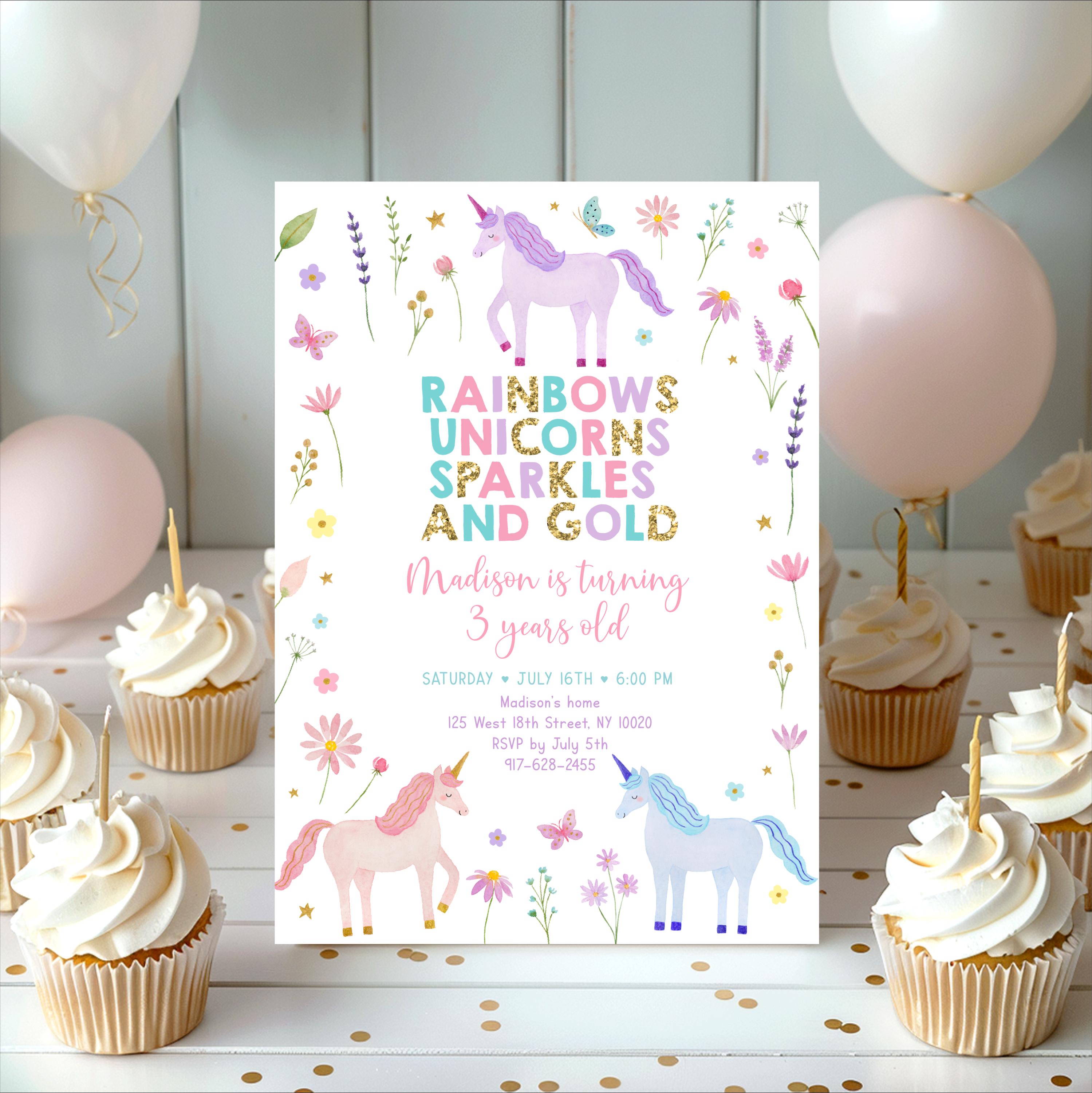 Editable Unicorn Rainbow Birthday Invitation Unicorns Rainbows Sparkles ...