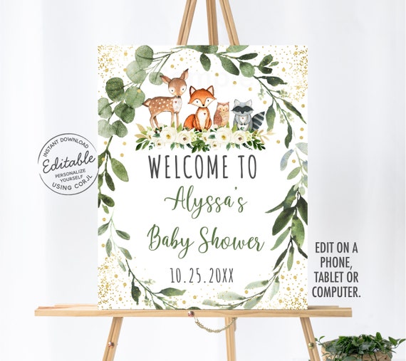 EDITABLE Woodland Baby Shower Welcome Sign Woodland Animals Forest Animals Gender Neutral Digital Printable Instant Download Template A524 Il_570xn