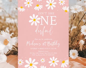 May include: Pink birthday invitation with white daisies and the text "Isn't she one derful" and details for Madison's 1st birthday party.