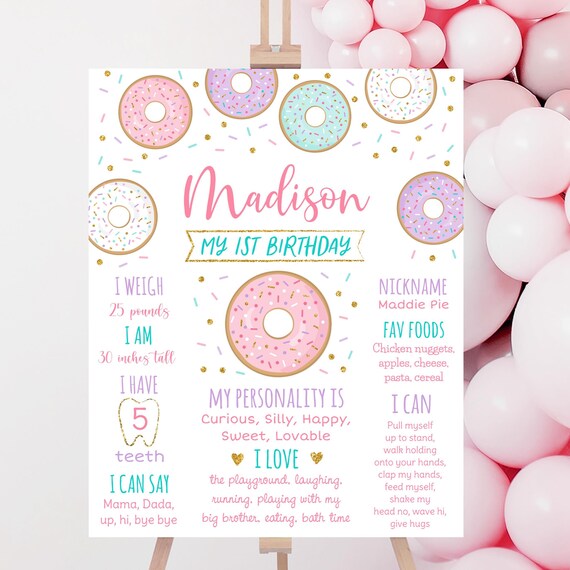 Editable Donut Birthday Milestone Poster, Donut First Birthday, Pink Gold Donut, Donut Grow Up, Donut Party, Digital, Instant Download A587